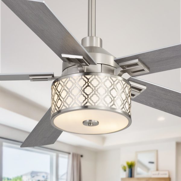 37001-SN_J4.jpg 52-Inch Ceiling Fan With Light And Remote C 5 Reversible Dual-Finish Blades, Geometric Drum Cage Shade, Quiet Energy-Saving DC Motor, 6 Speeds With Forward/Reverse Airflow, Includes 5" & 10" Downrods
