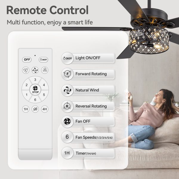 52-Inch Crystal Cage Ceiling Fan With Light And Remote C 5 Reversible Dual-Finish Blades, Elegant Crystal Drum Shade, Quiet Energy-Saving DC Motor With 6 Speeds & Reversible Airflow, Includes 5" & 10" Downrods
