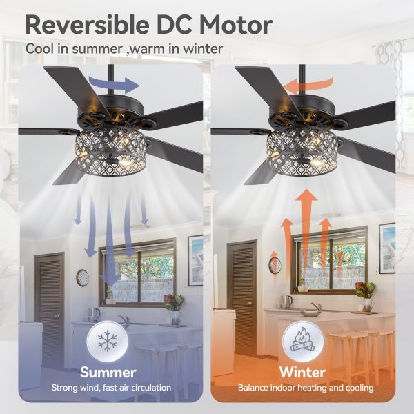 52-Inch Crystal Cage Ceiling Fan With Light And Remote C 5 Reversible Dual-Finish Blades, Elegant Crystal Drum Shade, Quiet Energy-Saving DC Motor With 6 Speeds & Reversible Airflow, Includes 5" & 10" Downrods