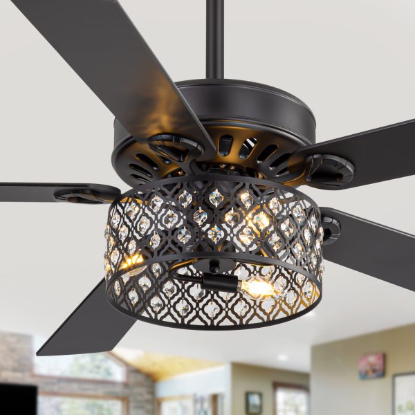 52-Inch Crystal Cage Ceiling Fan With Light And Remote C 5 Reversible Dual-Finish Blades, Elegant Crystal Drum Shade, Quiet Energy-Saving DC Motor With 6 Speeds & Reversible Airflow, Includes 5" & 10" Downrods