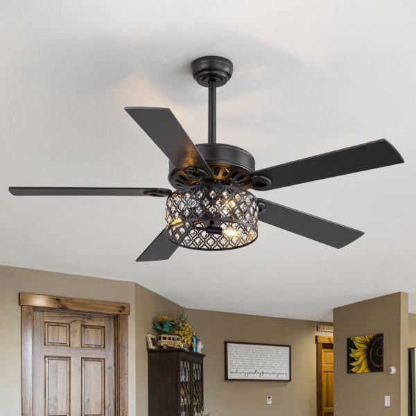 52-Inch Crystal Cage Ceiling Fan With Light And Remote C 5 Reversible Dual-Finish Blades, Elegant Crystal Drum Shade, Quiet Energy-Saving DC Motor With 6 Speeds & Reversible Airflow, Includes 5" & 10" Downrods