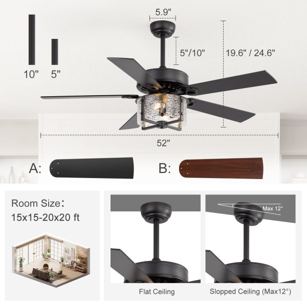52-Inch Ceiling Fan with Light and Remote C 5 Reversible Dual-Finish Blades,Crystal-Glow Lampshade, Quiet 28W DC Motor with 6 Speeds & Reversible Airflow,  Includes 5" & 10" Downrods