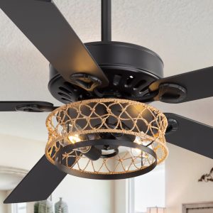 52" Rope Cage Ceiling Fan with Light, Matte Black Finish, Handwoven Rope-Accented Iron Shade, 5 Reversible  Blades, Dual E26 Bulb Base (Bulbs Not Included), Quiet DC Motor, 6 Speeds with Timer, Remote, 5" and 10" Downrods Included, Forward/Reverse Airflow