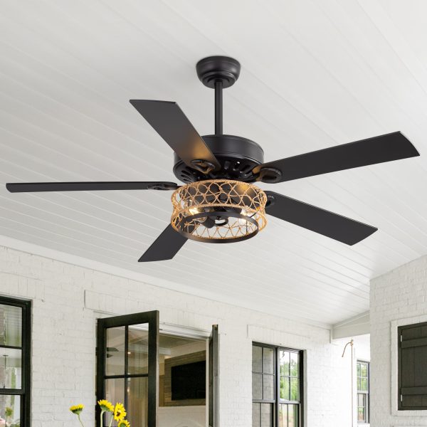52" Rope Cage Ceiling Fan with Light, Matte Black Finish, Handwoven Rope-Accented Iron Shade, 5 Reversible  Blades, Dual E26 Bulb Base (Bulbs Not Included), Quiet DC Motor, 6 Speeds with Timer, Remote, 5" and 10" Downrods Included, Forward/Reverse Airflow