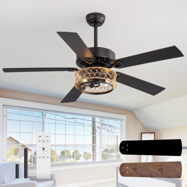 52" Rope Cage Ceiling Fan with Light, Matte Black Finish, Handwoven Rope-Accented Iron Shade, 5 Reversible  Blades, Dual E26 Bulb Base (Bulbs Not Included), Quiet DC Motor, 6 Speeds with Timer, Remote, 5" and 10" Downrods Included, Forward/Reverse Airflow