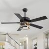 52-Inch Matte Black Industrial Ceiling Fan With Iron Cage Light, 5 Dual-Finish Reversible Plywood Blades, 28W Quiet DC Motor, 6 Speeds, Remote Control, Timer, Reversible Airflow, 5"&10" Downrods