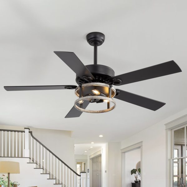 52-Inch Matte Black Industrial Ceiling Fan With Iron Cage Light, 5 Dual-Finish Reversible Plywood Blades, 28W Quiet DC Motor, 6 Speeds, Remote Control, Timer, Reversible Airflow, 5"&10" Downrods