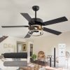 52-Inch Matte Black Industrial Ceiling Fan With Iron Cage Light, 5 Dual-Finish Reversible Plywood Blades, 28W Quiet DC Motor, 6 Speeds, Remote Control, Timer, Reversible Airflow, 5"&10" Downrods