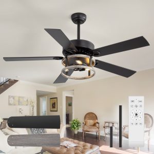 52-Inch Matte Black Industrial Ceiling Fan With Iron Cage Light, 5 Dual-Finish Reversible Plywood Blades, 28W Quiet DC Motor, 6 Speeds, Remote Control, Timer, Reversible Airflow, 5"&10" Downrods