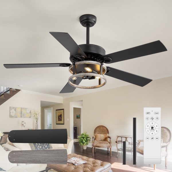 52-Inch Matte Black Industrial Ceiling Fan With Iron Cage Light, 5 Dual-Finish Reversible Plywood Blades, 28W Quiet DC Motor, 6 Speeds, Remote Control, Timer, Reversible Airflow, 5"&10" Downrods