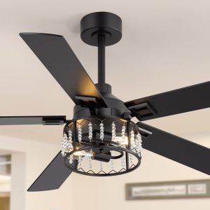 52" Crystal Ceiling Fan With Light, Matte Black Finish, 5 Reversible Blades, Dual E26 Bulb Base (Bulbs Not Included), Quiet Energy-Saving DC Motor, 6 Speeds With Timer, Remote Control, 5" And 10" Downrods Included