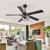 52" Crystal Ceiling Fan With Light, Matte Black Finish, 5 Reversible Blades, Dual E26 Bulb Base (Bulbs Not Included), Quiet Energy-Saving DC Motor, 6 Speeds With Timer, Remote Control, 5" And 10" Downrods Included