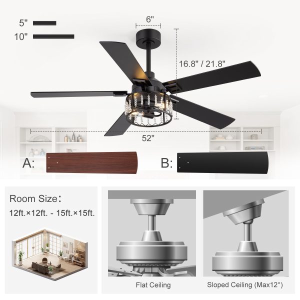 52" Crystal Ceiling Fan With Light, Matte Black Finish, 5 Reversible Blades, Dual E26 Bulb Base (Bulbs Not Included), Quiet Energy-Saving DC Motor, 6 Speeds With Timer, Remote Control, 5" And 10" Downrods Included