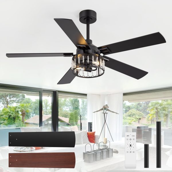 52" Crystal Ceiling Fan With Light, Matte Black Finish, 5 Reversible Blades, Dual E26 Bulb Base (Bulbs Not Included), Quiet Energy-Saving DC Motor, 6 Speeds With Timer, Remote Control, 5" And 10" Downrods Included