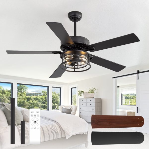 52-Inch Matte Black Industrial Ceiling Fan With Iron & Glass Light, 5 Reversible Blades (Black/Walnut), 28W DC Motor, 6 Speeds, Quiet Operation, Remote With Timer, Reversible Airflow, 5"&10" Downrods