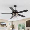 52-Inch Matte Black Industrial Ceiling Fan With Iron & Glass Light, 5 Reversible Blades (Black/Walnut), 28W DC Motor, 6 Speeds, Quiet Operation, Remote With Timer, Reversible Airflow, 5"&10" Downrods