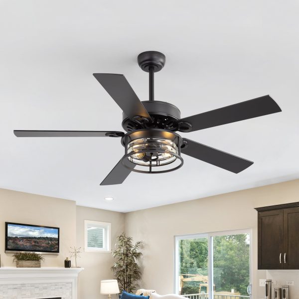 52-Inch Matte Black Industrial Ceiling Fan With Iron & Glass Light, 5 Reversible Blades (Black/Walnut), 28W DC Motor, 6 Speeds, Quiet Operation, Remote With Timer, Reversible Airflow, 5"&10" Downrods
