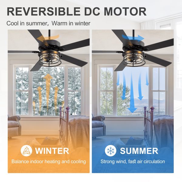 52-Inch Matte Black Industrial Ceiling Fan With Iron & Glass Light, 5 Reversible Blades (Black/Walnut), 28W DC Motor, 6 Speeds, Quiet Operation, Remote With Timer, Reversible Airflow, 5"&10" Downrods