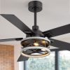 37008-BK_13.jpg 52" Industrial Ceiling Fan with Light, Matte Black Finish, Iron Cage Fixture, 5 Reversible Blades, Three E12 Bulb Base (Bulbs Not Included), Quiet DC Motor, 6 Speeds with Timer, Remote Control, 5" and 10" Downrods Included, Forward/Reverse Airflow
