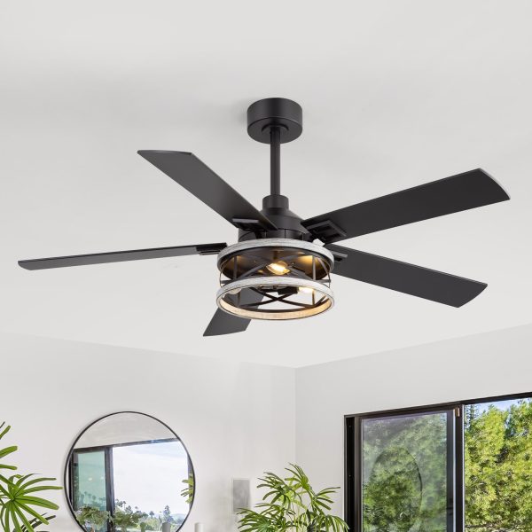 37008-BK_15.jpg 52" Industrial Ceiling Fan with Light, Matte Black Finish, Iron Cage Fixture, 5 Reversible Blades, Three E12 Bulb Base (Bulbs Not Included), Quiet DC Motor, 6 Speeds with Timer, Remote Control, 5" and 10" Downrods Included, Forward/Reverse Airflow