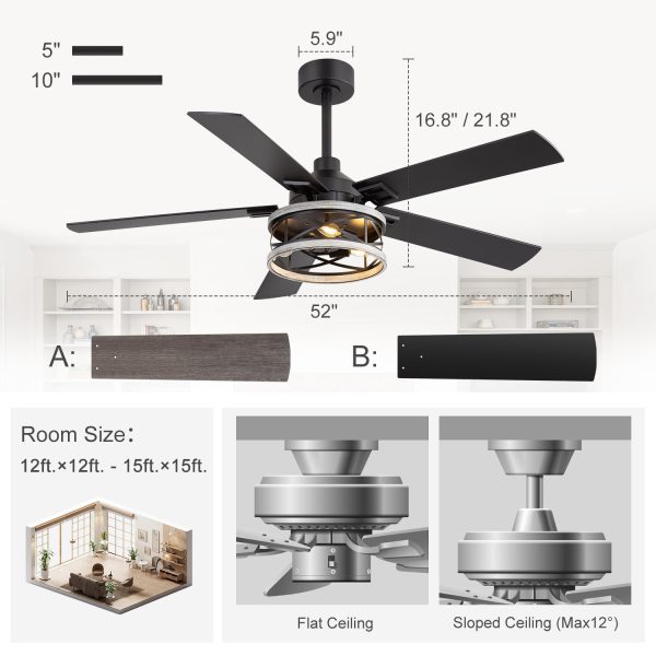 37008-BK_19_-HD.jpg 52" Industrial Ceiling Fan with Light, Matte Black Finish, Iron Cage Fixture, 5 Reversible Blades, Three E12 Bulb Base (Bulbs Not Included), Quiet DC Motor, 6 Speeds with Timer, Remote Control, 5" and 10" Downrods Included, Forward/Reverse Airflow