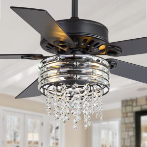 52" Crystal Chandelier Ceiling Fan With Light, Matte Black Finish, 5 Reversible Blades, Dual E26 Bulb Sockets (Bulbs Not Included), Quiet Energy-Saving DC Motor, 6 Speeds With Timer, Remote Control, 5 And 10Downrods Included, Forward/Reverse Airflow