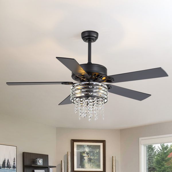 37009-BKJ3.jpg 52" Crystal Chandelier Ceiling Fan With Light, Matte Black Finish, 5 Reversible Blades, Dual E26 Bulb Sockets (Bulbs Not Included), Quiet Energy-Saving DC Motor, 6 Speeds With Timer, Remote Control, 5 And 10Downrods Included, Forward/Reverse Airflow
