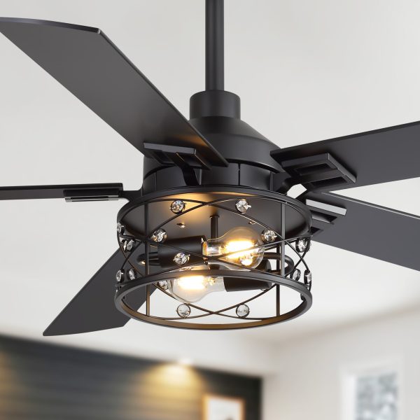 52" Crystal Cage Ceiling Fan With Light, Matte Black Or Gold Finish, 5 Reversible Blades, Dual E26 Bulb Base (Bulbs Not Included), Quiet DC Motor, 6 Speeds With Timer, Remote Control, 5" And 10" Downrods Included, Forward/Reverse Airflow