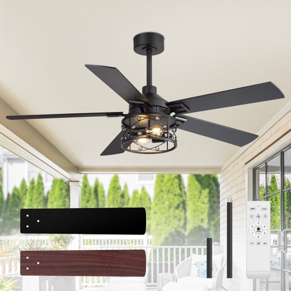 52" Crystal Cage Ceiling Fan With Light, Matte Black Or Gold Finish, 5 Reversible Blades, Dual E26 Bulb Base (Bulbs Not Included), Quiet DC Motor, 6 Speeds With Timer, Remote Control, 5" And 10" Downrods Included, Forward/Reverse Airflow