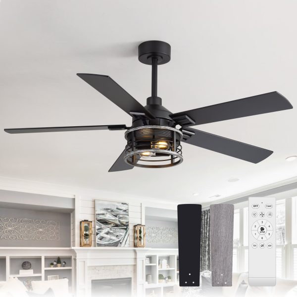 37011-BKAMZ1.jpg 52" Industrial Ceiling Fan With Light, Matte Black Finish, Iron Cage Shade, 5 Reversible Blades, Dual E26 Bulb Base (Bulbs Not Included),DC Motor, 6 Speeds With Timer, Remote Control, 5" And 10" Downrods Included, Forward/Reverse Airflow