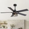 37011-BKJ3.jpg 52" Industrial Ceiling Fan With Light, Matte Black Finish, Iron Cage Shade, 5 Reversible Blades, Dual E26 Bulb Base (Bulbs Not Included),DC Motor, 6 Speeds With Timer, Remote Control, 5" And 10" Downrods Included, Forward/Reverse Airflow