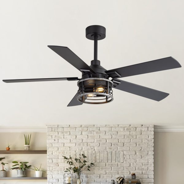 37011-BKJ3.jpg 52" Industrial Ceiling Fan With Light, Matte Black Finish, Iron Cage Shade, 5 Reversible Blades, Dual E26 Bulb Base (Bulbs Not Included),DC Motor, 6 Speeds With Timer, Remote Control, 5" And 10" Downrods Included, Forward/Reverse Airflow
