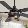 37011-BKJ5.jpg 52" Industrial Ceiling Fan With Light, Matte Black Finish, Iron Cage Shade, 5 Reversible Blades, Dual E26 Bulb Base (Bulbs Not Included),DC Motor, 6 Speeds With Timer, Remote Control, 5" And 10" Downrods Included, Forward/Reverse Airflow