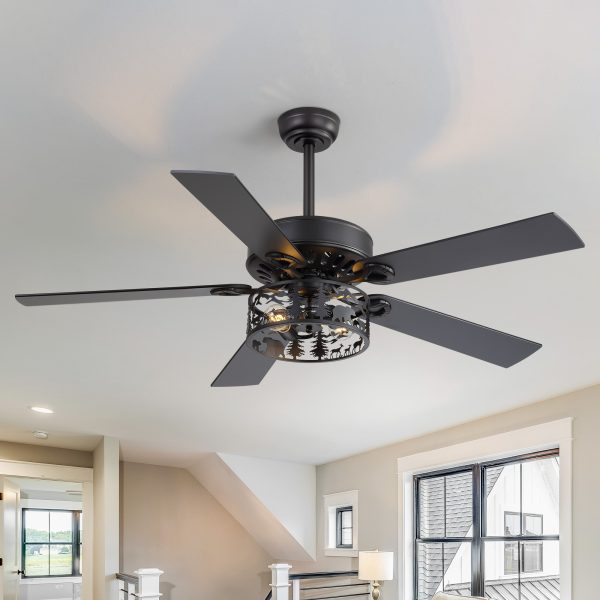 37012-BKJ2.jpg 52" Rustic Ceiling Fan With Light, Matte Black Finish, Forest & Wildlife Iron Cage Shade, 5 Reversible Blades, Dual E26 Bulb Base (Bulbs Not Included), Quiet DC Motor, 6 Speeds With Timer, Remote, 5" And 10" Downrods, Forward/Reverse Airflow