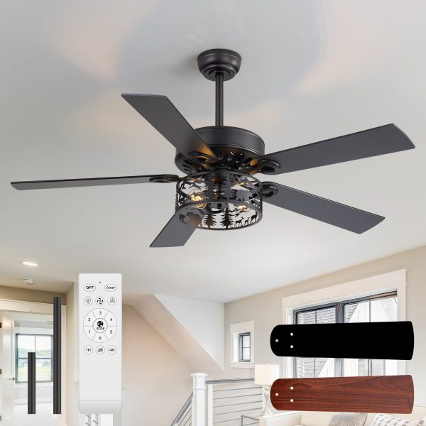 37012-BKJ3.jpg 52" Rustic Ceiling Fan With Light, Matte Black Finish, Forest & Wildlife Iron Cage Shade, 5 Reversible Blades, Dual E26 Bulb Base (Bulbs Not Included), Quiet DC Motor, 6 Speeds With Timer, Remote, 5" And 10" Downrods, Forward/Reverse Airflow
