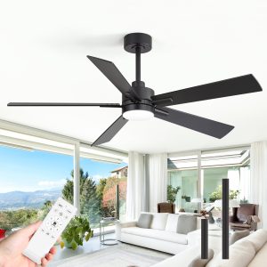 52-Inch Matte Black Ceiling Fan With Light, 5 Plywood Blades, 18W LED 3-Color Temp & Memory, Quiet DC Motor, 6 Speeds, Reversible, Remote Control With Timer, Includes 5" & 10" Downrods, Ideal For Bedroom, Living Room, Dining Area