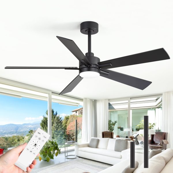 52-Inch Matte Black Ceiling Fan With Light, 5 Plywood Blades, 18W LED 3-Color Temp & Memory, Quiet DC Motor, 6 Speeds, Reversible, Remote Control With Timer, Includes 5" & 10" Downrods, Ideal For Bedroom, Living Room, Dining Area