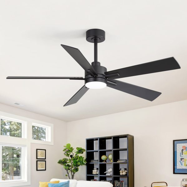 52-Inch Matte Black Ceiling Fan With Light, 5 Plywood Blades, 18W LED 3-Color Temp & Memory, Quiet DC Motor, 6 Speeds, Reversible, Remote Control With Timer, Includes 5" & 10" Downrods, Ideal For Bedroom, Living Room, Dining Area