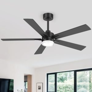 52" Modern Ceiling Fan With Light, Matte Black Finish, 5 Reversible Blades, Double Acrylic Lampshade With Integrated 18W LED (3 Color Temps & Memory), Quiet DC Motor, 6 Speeds With Timer, Remote, Forward/Reverse Airflow, Includes 5" & 10" Downrods