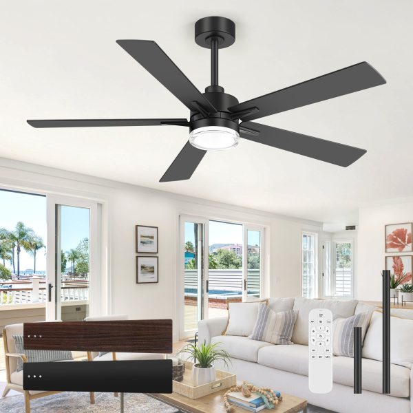 37017-BK_3.jpg 52" Modern Ceiling Fan With Light, Matte Black Finish, 5 Reversible Blades, Double Acrylic Lampshade With Integrated 18W LED (3 Color Temps & Memory), Quiet DC Motor, 6 Speeds With Timer, Remote, Forward/Reverse Airflow, Includes 5" & 10" Downrods