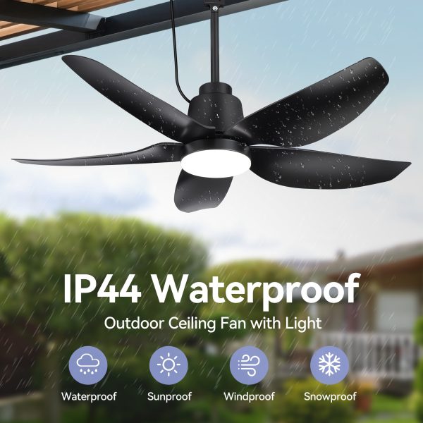 42-Inch Outdoor Waterproof Ceiling Fan With Light, 5 ABS Blades, 18W LED 3-Color Temp, Quiet DC Motor 6-Speed Reversible, Remote Control & Timer, IP44 Rated, Includes 6" & 10" Downrods, For Patio, Porch, Indoor Rooms
