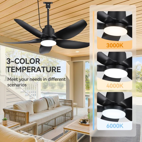42-Inch Outdoor Waterproof Ceiling Fan With Light, 5 ABS Blades, 18W LED 3-Color Temp, Quiet DC Motor 6-Speed Reversible, Remote Control & Timer, IP44 Rated, Includes 6" & 10" Downrods, For Patio, Porch, Indoor Rooms
