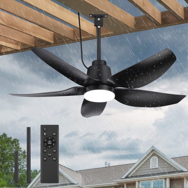42-Inch Outdoor Waterproof Ceiling Fan With Light, 5 ABS Blades, 18W LED 3-Color Temp, Quiet DC Motor 6-Speed Reversible, Remote Control & Timer, IP44 Rated, Includes 6" & 10" Downrods, For Patio, Porch, Indoor Rooms