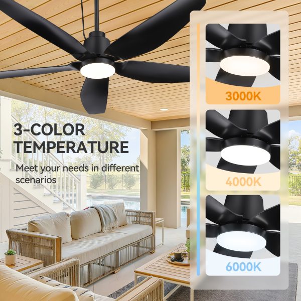52-Inch Waterproof Outdoor Ceiling Fan With Light, 5 ABS Blades, 18W LED 3-Color Temp, Quiet DC Motor 6-Speed Reversible, Remote Control & Timer, Includes 6" & 10" Downrods, IP44 Rated For Patio, Porch