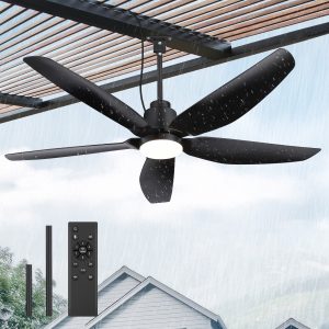 52-Inch Waterproof Outdoor Ceiling Fan With Light, 5 ABS Blades, 18W LED 3-Color Temp, Quiet DC Motor 6-Speed Reversible, Remote Control & Timer, Includes 6" & 10" Downrods, IP44 Rated For Patio, Porch