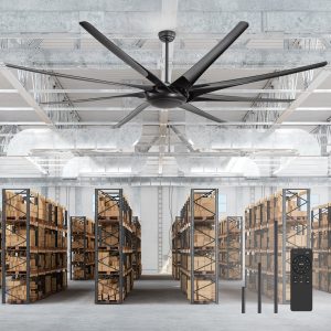 100" Oversized HVLS Ceiling Fan No Light, Matte Black Finish, 8 ABS Blades, Quiet Energy-Saving 67W DC Motor, 6 Speeds With Timer, Remote Control, Reversible Airflow For Year-Round Comfort, Includes 12"/24"/36" Downrods For Flexible Installation