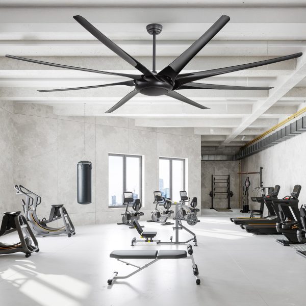 100" Oversized HVLS Ceiling Fan No Light, Matte Black Finish, 8 ABS Blades, Quiet Energy-Saving 67W DC Motor, 6 Speeds With Timer, Remote Control, Reversible Airflow For Year-Round Comfort, Includes 12"/24"/36" Downrods For Flexible Installation