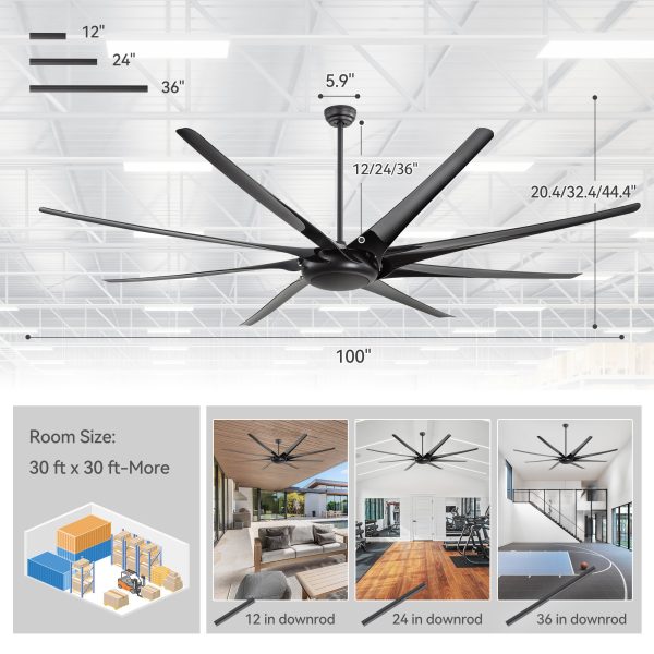 100" Oversized HVLS Ceiling Fan No Light, Matte Black Finish, 8 ABS Blades, Quiet Energy-Saving 67W DC Motor, 6 Speeds With Timer, Remote Control, Reversible Airflow For Year-Round Comfort, Includes 12"/24"/36" Downrods For Flexible Installation