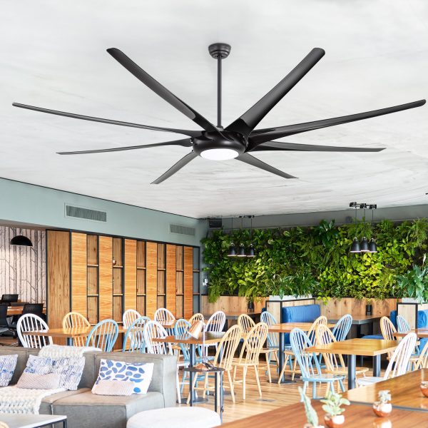 100" Extra-Large HVLS Ceiling Fan With Light, Matte Black Finish, 8 ABS Blades, Integrated 24W LED (3 Color Temps), DC Motor, 6 Speeds With Timer, Remote Control, Reversible Airflow, Includes 12"/24"/36" Downrods For Flexible Installation