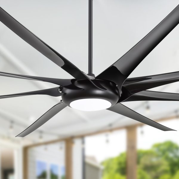 100" Extra-Large HVLS Ceiling Fan With Light, Matte Black Finish, 8 ABS Blades, Integrated 24W LED (3 Color Temps), DC Motor, 6 Speeds With Timer, Remote Control, Reversible Airflow, Includes 12"/24"/36" Downrods For Flexible Installation